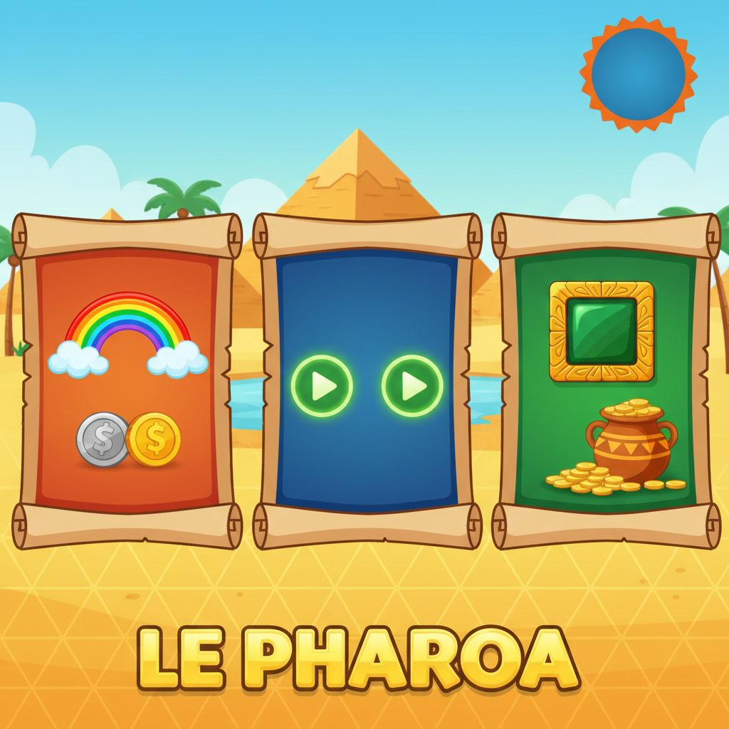 Le Pharaoh Einführungsbildschirm mit drei Papyrusrollen, die Sticky Wins, Bonus Choice und Gewinnmöglichkeiten erklären