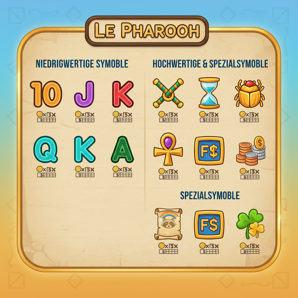 Le Pharaoh Auszahlungstabelle mit allen Symbolen: Niedrigwertige Kartensymbole, hochwertige ägyptische Symbole wie Skarabäus und Ankh sowie Spezialsymbole