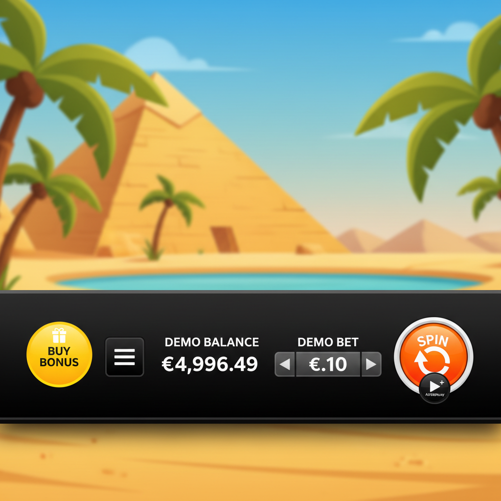 Le Pharaoh Demo-Modus Steuerungspanel mit Demo-Guthaben-Anzeige, Einsatzregler und orangenem Spin-Button