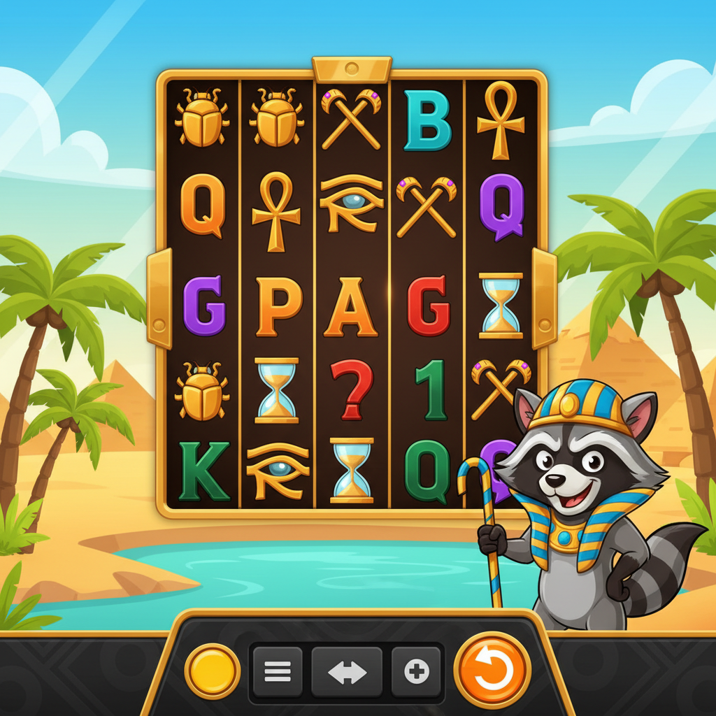 Le Pharaoh Hauptspiel: 6x5 Walzenraster mit ägyptischen Symbolen und Smokey dem Pharao-Waschbären rechts daneben