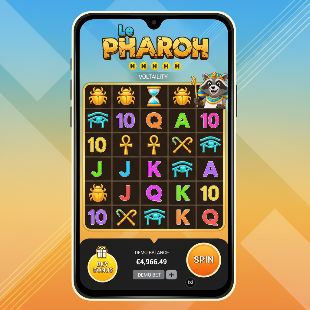 Le Pharaoh Slot auf einem Smartphone: Touch-optimierte Benutzeroberfläche mit großem Spin-Button und übersichtlicher Einsatzanzeige