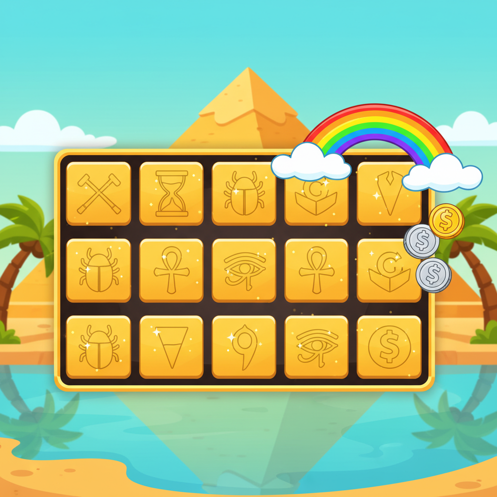 Le Pharaoh Sticky Wins Mechanik: Gewinnende Symbole verwandeln sich in goldene Quadrate und warten auf das Rainbow-Symbol